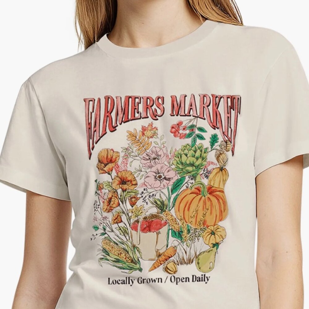 Wildfox Cream Farmers Market Graphic Tee with Floral & Pumpkin Print